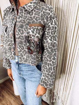 Leopard Denim jacket with back contrast