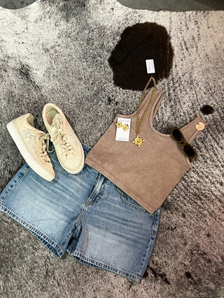 Mocha Mineral Wash Rib Tank Top