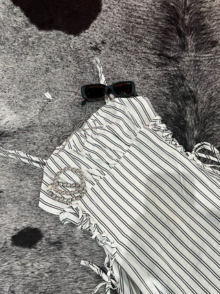 White Summer Stripe Smocked Midi Dress