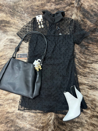 Beaded Tulle Mesh Mock Neck Mini Dress