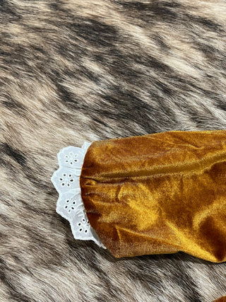 Golden Brown Faux Velvet Girls Dress with Floral Embroidery