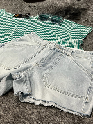 High Rise Patch Pocket Denim Shorts with Frayed Hem