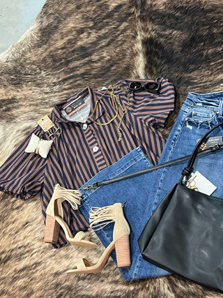 Stripe Gathered Yoke Puff Sleeve Button Down Top