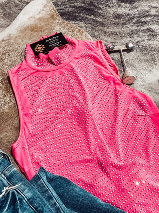 Jewel Sleeveless Bodysuit in pink with studs, styled in Jayden Layne size-inclusive boutique with western and denim accents