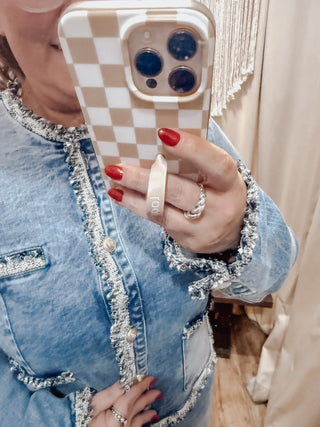 Tweed Trimmed Front Pocket Denim Jacket