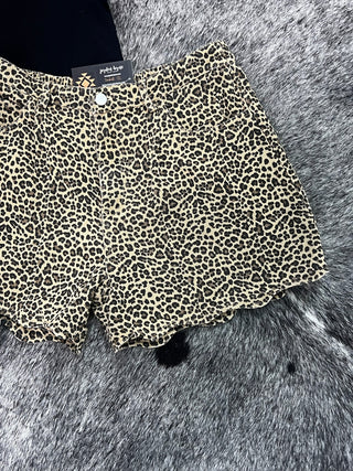 Mid Rise Leopard Twill Shorts with Scallop Hem