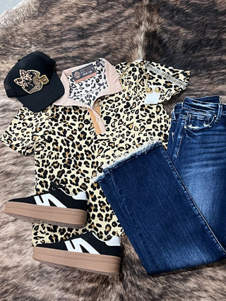 Mock Neck Half Band Button Down Leopard Top