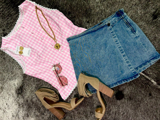 Gingham Lace Trim Button Down Vest Top