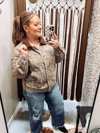 Animal Print Barn Jacket with Corduroy Collar