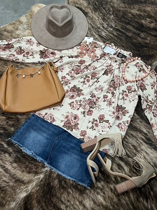 High Neck Back Button Floral Woven Top