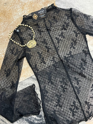 Black Sheer Bow Dot Mesh Long Sleeve High Neck Top from Jayden Layne size-inclusive boutique with western boho style accents