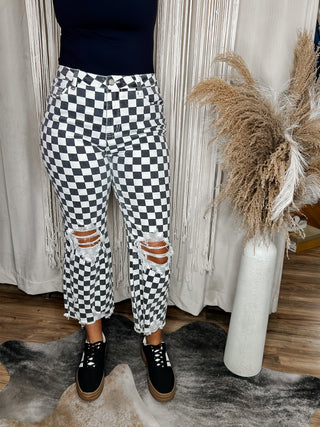 Checkered distressed jeans