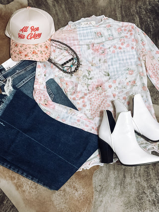 High Neck Floral Patchwork Mesh Top