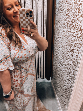 Patchwork Floral Flutter Sleeve Maxi Dress