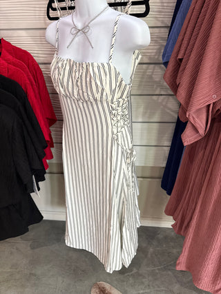 White Summer Stripe Smocked Midi Dress