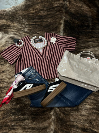 V-Neck Stripe Top Short Sleeve