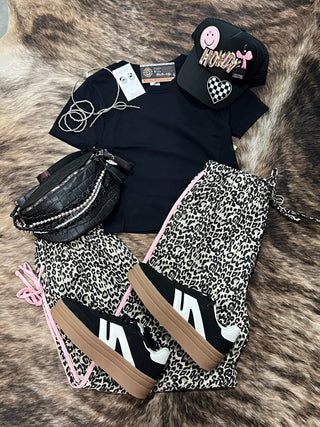 Leopard Drawstring Side Stripe Pants