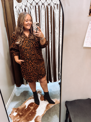 Leopard Print V-Neck Pocket Midi Dress