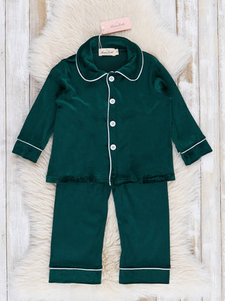 Boys emerald green velvet Christmas pajama set with white piping, photo 2