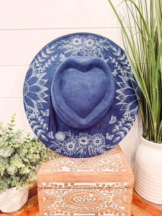 Floral print heart hat in vegan suede, charcoal and black options
