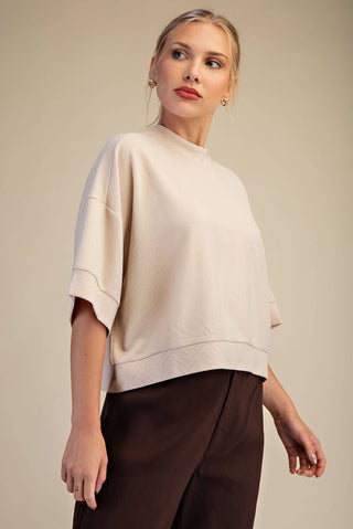 Camel Textured Knit Crew Neck Top