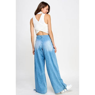 Ankle Drawstring Wide Denim Pants