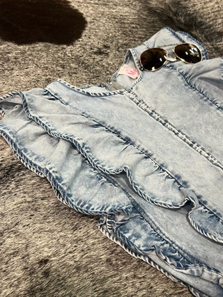 Washed Denim Ruffled Button Detail Romper