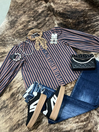 Stripe Gathered Yoke Puff Sleeve Button Down Long Sleeve