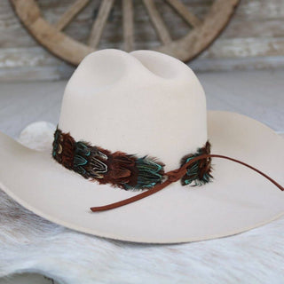 Western Feather Hat Band - Canyon styled on western hat, boho vibe, size-inclusive Jayden Layne boutique in Tomball TX