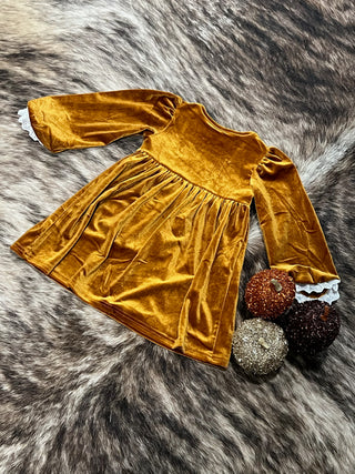 Golden Brown Faux Velvet Girls Dress with Floral Embroidery