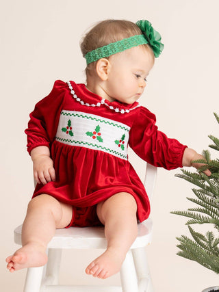 Baby girl red velvet smocked holly bloomers outfit, photo 6