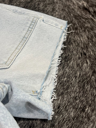 High Rise Patch Pocket Denim Shorts with Frayed Hem