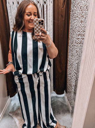 Vertical Stripe Sleeveless Matching Set — Black Ivory