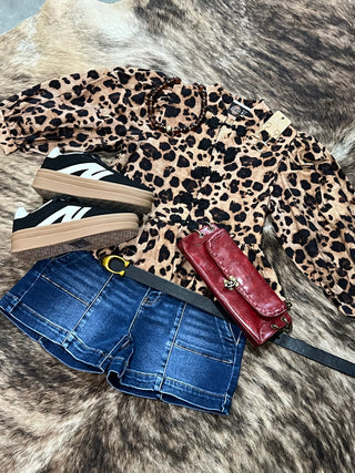 Leopard Print Ruffle Sleeve Button-Up Blouse