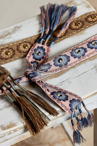 Jacquard Floral Decorative Metal Studs Tassel Vintage Belt