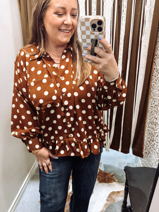 Brown Polka Dot Peplum Shirt (Collared Button Down)
