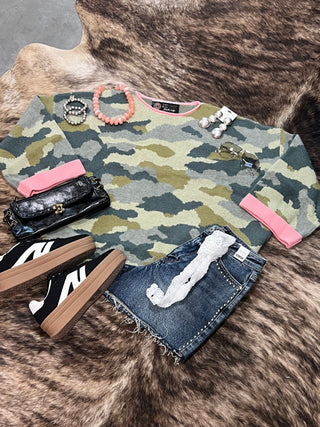 BiBi plus size soft camo sweater with pink contrast neckline and roll up sleeves, photo 1