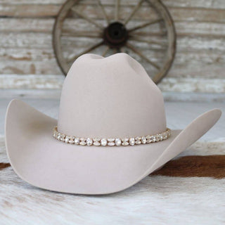 Gold rhinestone bling hat band The Kate on a tan cowboy hat, photo 1