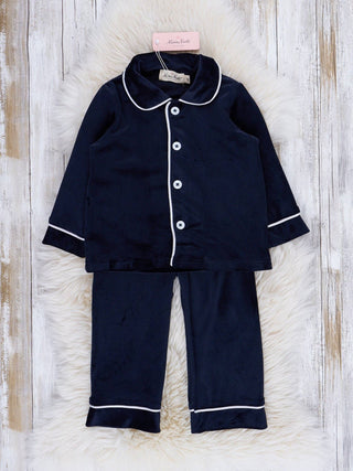 Boys emerald green velvet Christmas pajama set with white piping, photo 7