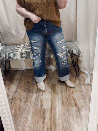 Destroyed high rise straight leg jeans