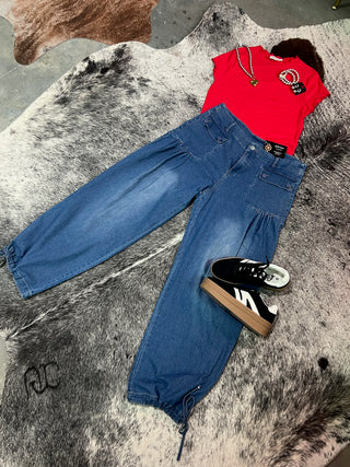 Curvy ankle drawstring wide leg jeans