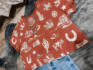 Rust western design crop tee