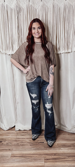 Taylor Mid Rise Dark Wash Distressed Flare