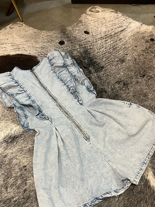Washed Denim Ruffled Button Detail Romper