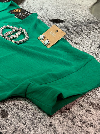 Kelly Green Woven Split Neck Top