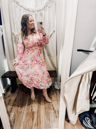 Floral Lace Long Sleeve Tiered Midi Dress