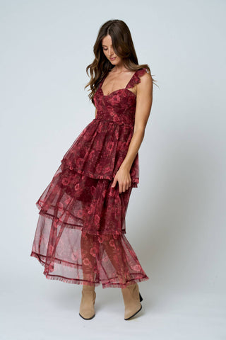 Floral Chiffon Ruffle Tiered Corset Maxi Dress