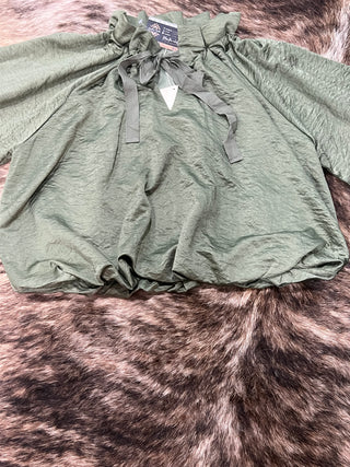 Olive satin look tie neck balloon sleeve top with ruffled neckline and gathered bubble hem, photo 6