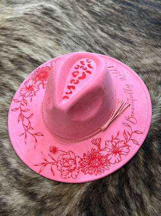 Engraved Floral Felt Hat - Ivory & Bubble Gum