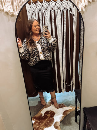 Leopard cardigan styled with high waisted denim